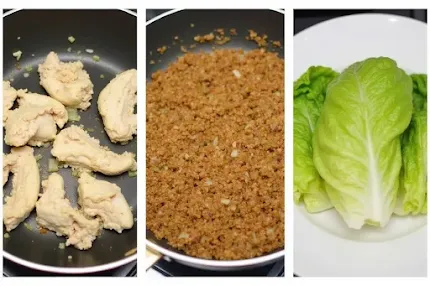 Steps to make Chicken Lettuce Wraps: cooking filling and assembling.