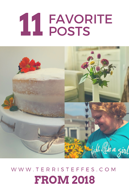Cake, flowers and a woman in a blue tee