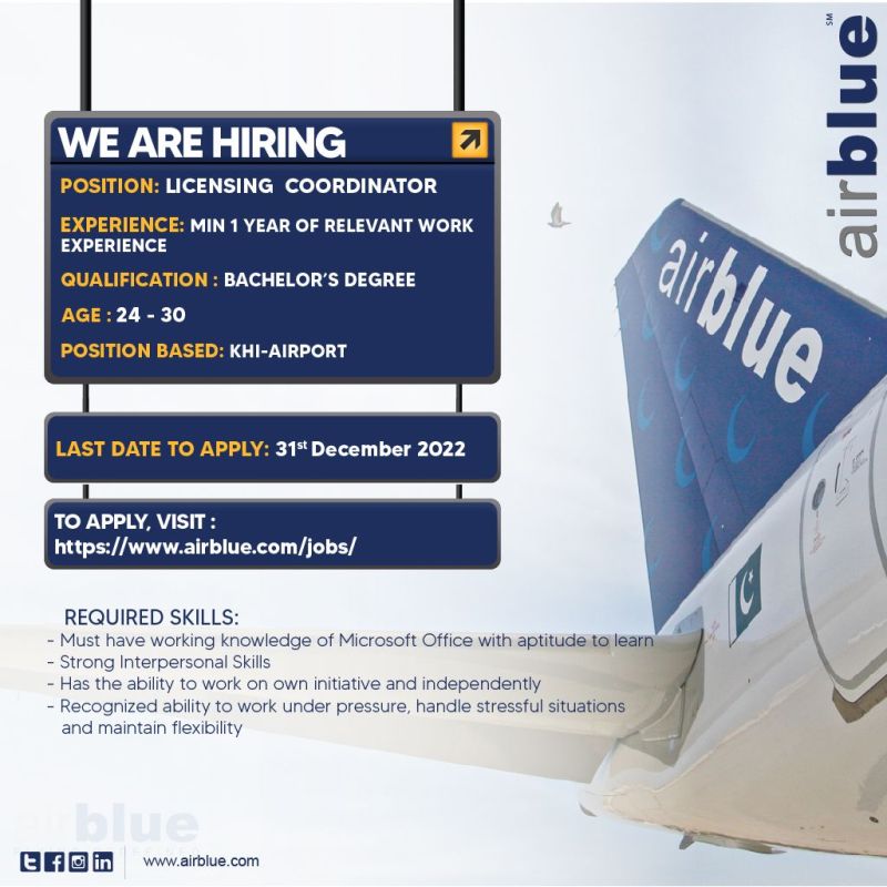 AirBlue Airline Pakistan looking to hire Licensing Coordinator
