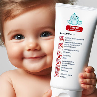 Baby products with labels highlighting chemicals to avoid, with a peaceful baby in the background.