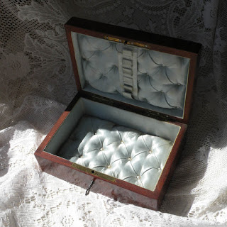 French Antique Wooden Jewelry Box with Blue Silk Lined Cushion Interior