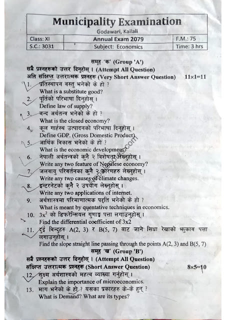 Class 11 Economics Question Paper 2079 - 2022