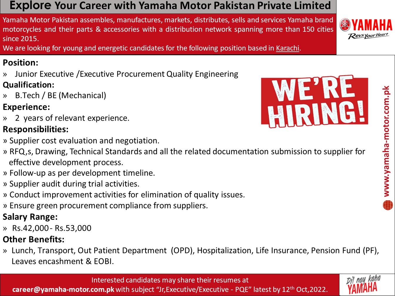 Yamaha Motor Pakistan Pvt Ltd Jobs For Junior Executive