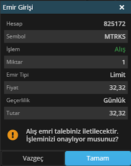 Matriks Web Trader Emir Onay Ekranı