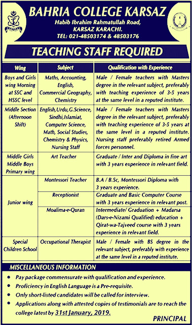 Bahria College Karsaz Karachi Jobs 2019 For Lecturer and teachers