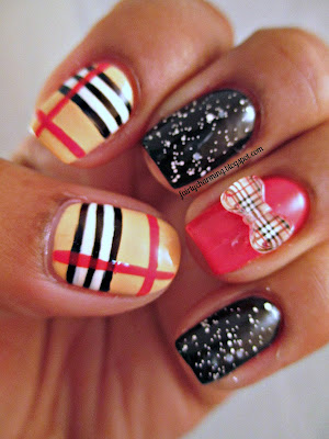 KKCenterHK, Plaid Bow, Checkered Bow, brown, tan, nude, red, black, white, burberry, nails, nail art, nail design, mani