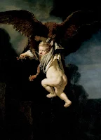 Pintura del siglo XVII de Rembrandt mostrando un águila mitológica secuestrando a un niño, símbolo de abducción alienígena en el arte antiguo.