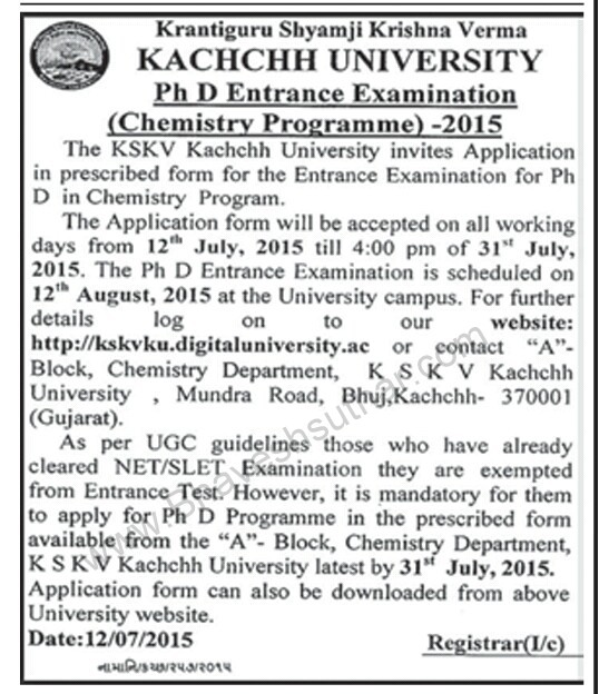 Kachchh University Ph.D Entrance Examination (Chemistry Programme) Notification 2015