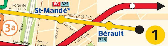 Seccion del mapa de metro de la línea 1 en Paris - Porte de Vincennes, Saint Mande, Berault, Chateau de Vincennes