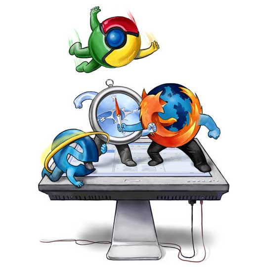 Ilustrasi: Pertarungan browser IE, Firefox, Chrome, dan Safari