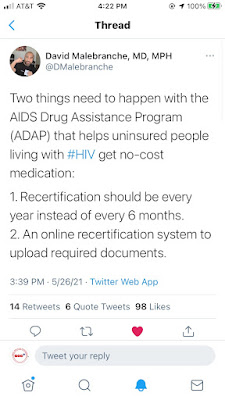 @DMalebranche: Two things need to happen with the AIDS Drug Assistance Program (ADAP) that helps uninsured people living with #HIV get no-cost medication: 1. Recertification should be every year instead of every 6 months. 2. An online recertification system to upload required documents.
