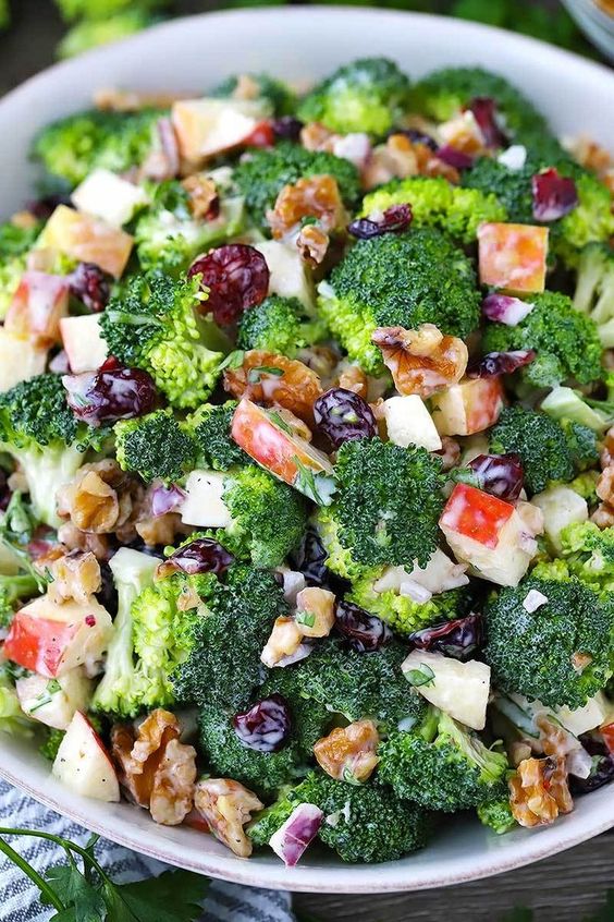  · 10 reviews · 15 minutes · Vegetarian Gluten free · Serves 8 · This broccoli salad with apples, walnuts, and cranberries is sweet, crunchy, and tangy. It's the perfect make-ahead side recipe since it doesn't get soggy and it makes a ton! Paleo, dairy free, gluten…