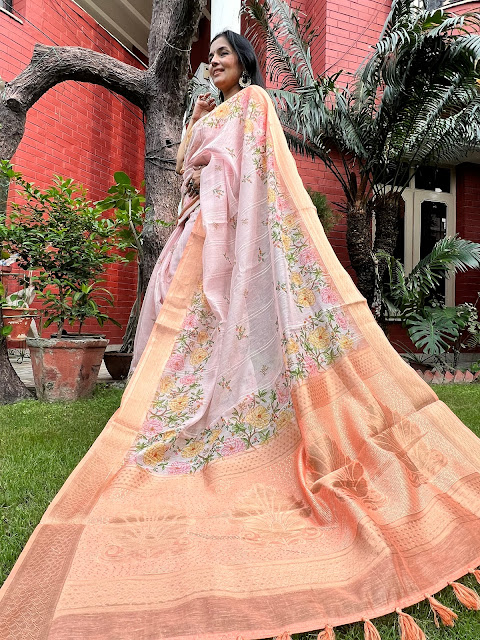 Silk Chanderi digital printed saree. Cheerful floral print with zari pallu and border.