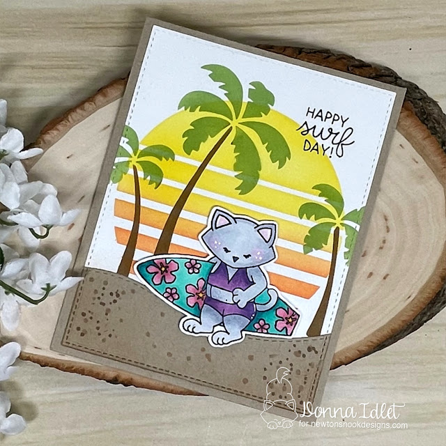 Surf Day Card by Donna Idlet | Newton's Perfect Wave Stamp Set, Retro Sun & Palms Stencil Set and Land Borders Die Set by Newton's Nook Designs #newtonsnook