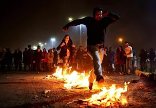 hahar-Shanbeh means Wednesday and Suri means both ‘Red’ and ‘Celebration’. People went around the surrounding hills and plains, collected thorn bushes, took them to their neighborhood and right at sunset they set a fire over which all the neighbors jumped within some minutes. They hope for enlightenment and happiness throughout the coming year.