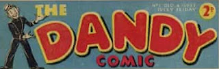 The original Dandy comic logo from 1937. A hotel bellhop stands to the left of the image and appears to be presenting the title to readers