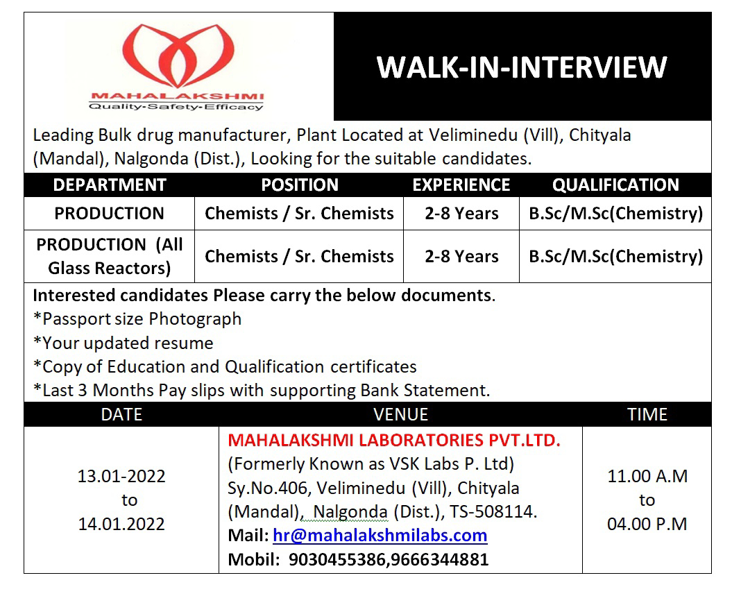 Job Availables,Mahalakshmi Laboratories Pvt Ltd Walk-In-Interview For BSc/ MSc Chemistry