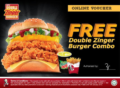 KFC: FREE Double Zinger Burger Combo  Malaysia Free 
