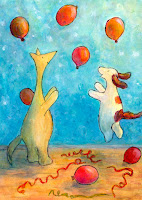 Aija Saukkosen kuvittama iloinen postikortti Hulmusta ja Haukusta leikkimässä ilmapalloilla. A joyful illustration of characters Hulmu and Haukku playing with balloons.