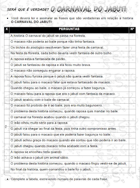 Brincadeira SERÁ QUE É VERDADE? partir do texto O CARNAVAL DO JABUTI png