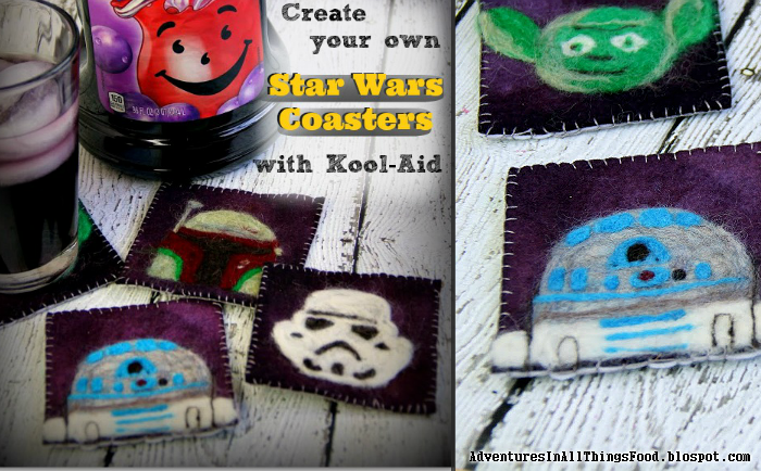 Kool-Aid dyed felted Star Wars Coasters at Adventures In All Things Food. http://adventuresinallthingsfood.blogspot.com/2014/05/star-wars-coaster-creations-easy-wool.html