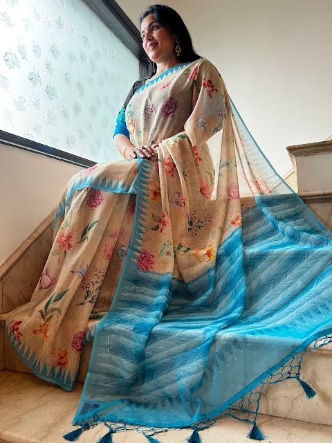 Whispers of Elegance: The Biscuit and Turquoise Printed Chiffon Saree