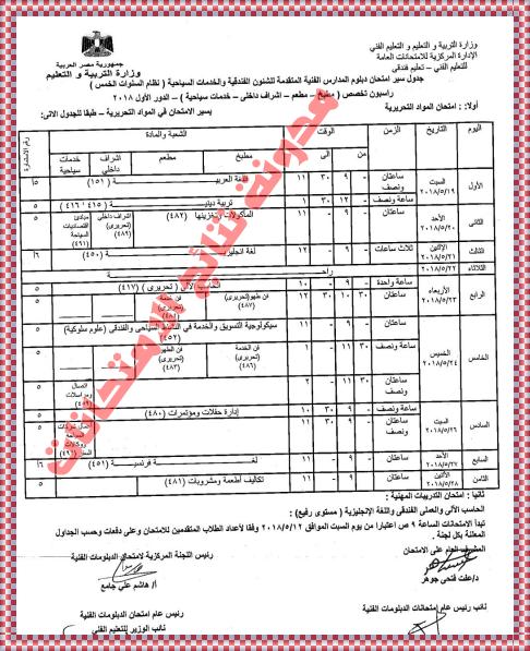 جدول امتحانات شهادة الدبلوم الفنى الثانوى الفندقى 2018 جداول الدبلومات الفنية