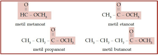 Pada senyawa ester, gugus alkil menggantikan atom hidrogen pada asam karboksilat