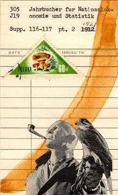 Herman Melville "I prefer not to" library due date card Falconer falcon triangle mushroom polish postage stamp Dada Fluxus mail art collage