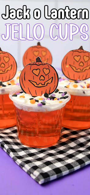 jello cups on a black and white napkin with recipe title text overlay.