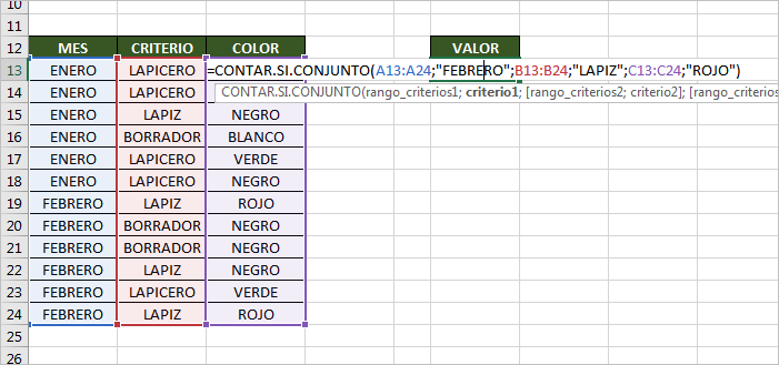 Función CONTAR.SI.CONJUNTO en Excel