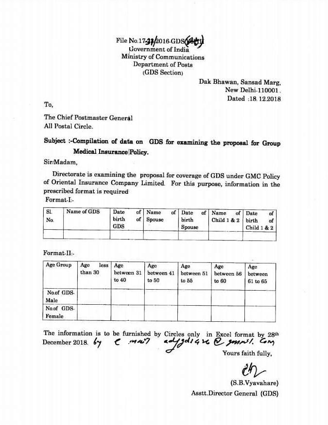 Compilation of Data on GDS for examining the proposal for Group Medical Insurance Policy : Department of Posts.