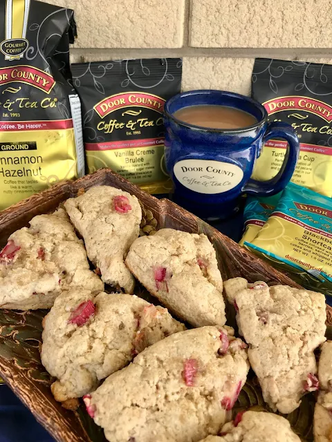 Platter of baked whole wheat cardamom rhubarb scones.