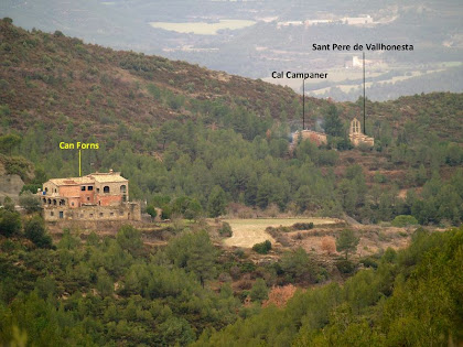 El nucli de Sant Pere de Vallhonesta amb les cases de Can Forns i Cal Campaner vist des de la zona de la Crudinella