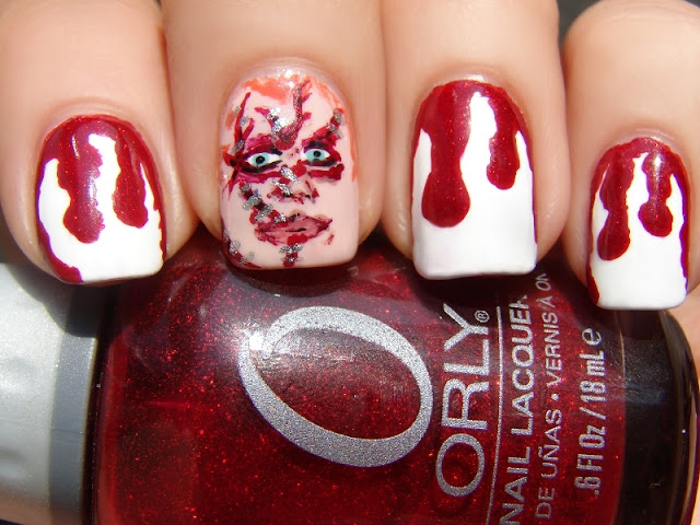 nails nail art nailart polish mani manicure Spellbound character nails movie Chucky Child's Play Blood drips red white China Glaze Wet n' Wild Sally Hansen LA Colors shimmer ABC Challenge horror Halloween