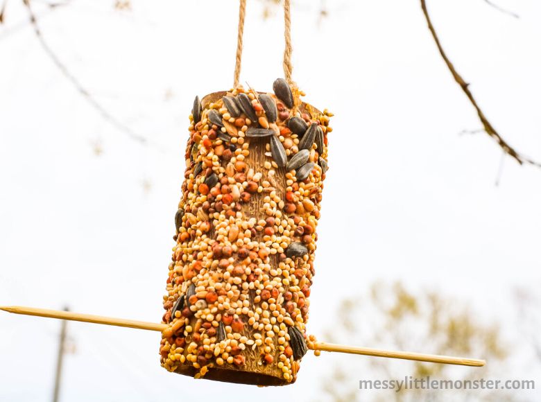 Peanut butter homemade bird feeder