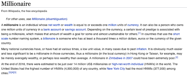 Wikipedia page for "millionaire"