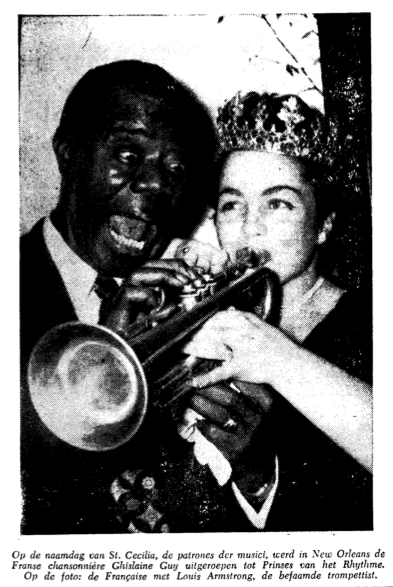 Op de naamdag van St. Cecilia, de patrones der musici, werd in New Orleans de Franse chansonnière Ghislaine Guy uitgeroepen tot Prinses van het Rythme. Op de foto: de Française met Louis Armstrong, de befaamde trompettist.