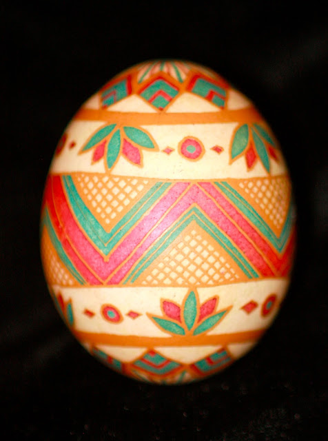 Ukrainian Egg Brown Chicken Egg Etched with Simple Design, Muted Colors Pink and Blue