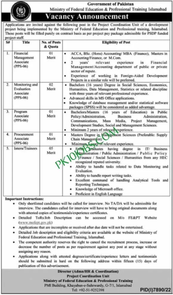 Unlock Your Potential: Ministry of Federal Education Professional Training Islamabad Jobs 2023