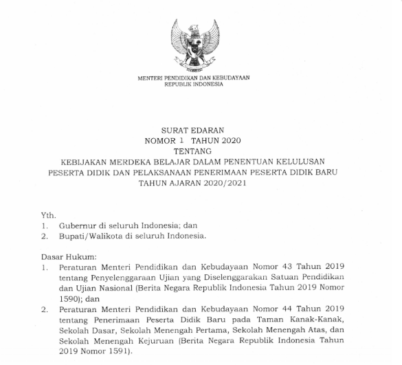 Surat Edaran Mendikbud Nomor 1 Tahun 2020 tentang Penentuan Kelulusan Peserta Didik dan PPDB 2020/2021