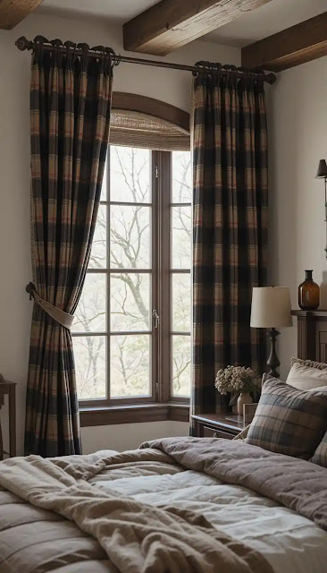 Tartan Curtains with Faux Leather Accents for a Masculine Touch