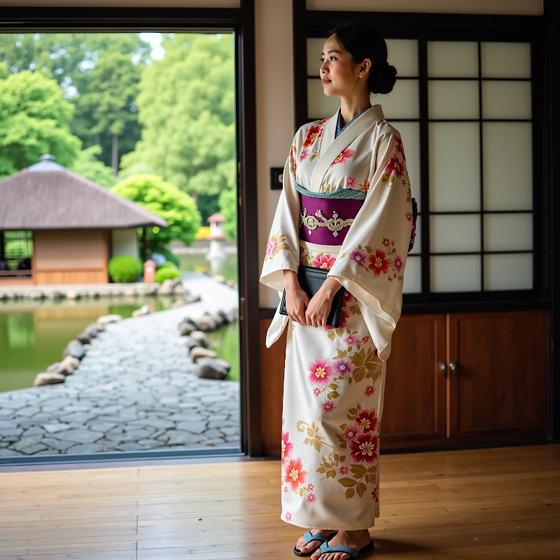 A photorealistic illustration of a Japanese woman in a traditional kimono, generated by Flux.1[dev]. The background is simple, emphasizing the woman's face and kimono details.
