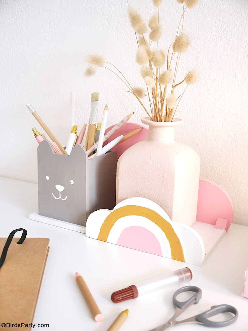 Kids Study Desk DIY Décor - easy craft and creative ideas to re-vamp or update your child's homework space ready for back to school! by BirdsParty.com @BirdsParty #diy #carfts #boho #decor #homedecor #backtoschool #kidsbedroom #bohokids #deskdecor #homeimprovement