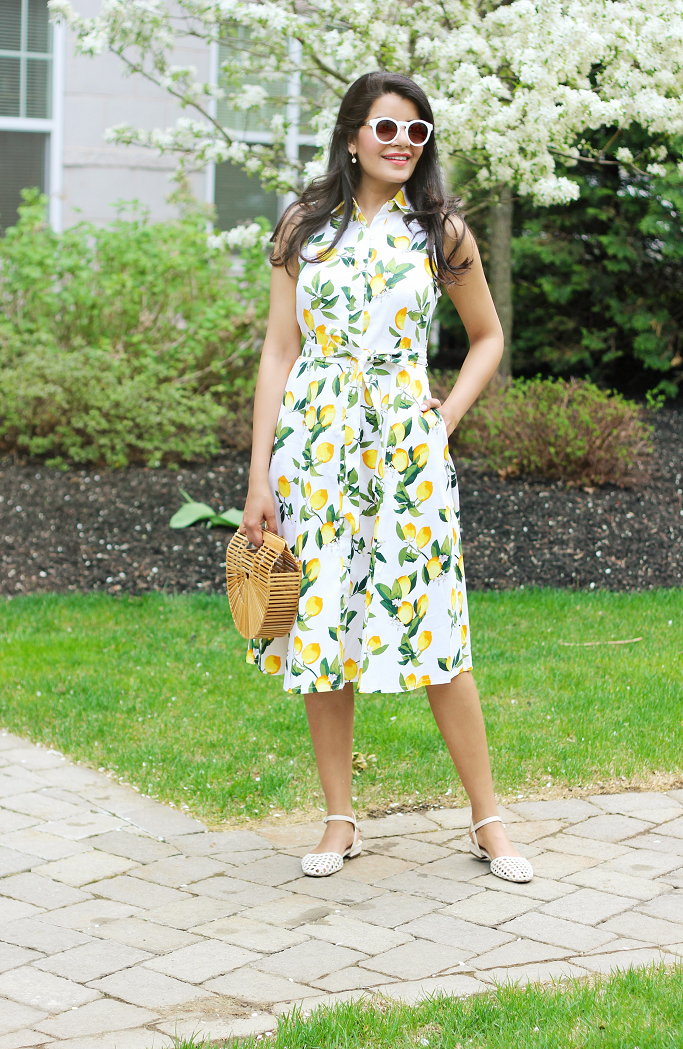 Lemon Print Dress, Lemon Print Shirt Dress, Lemon print dress with pockets, Chetta B Lemon print dress, eShakti lemon print dress, Evelyn Macrame Sandal Who What wear, Cult Gaia bag