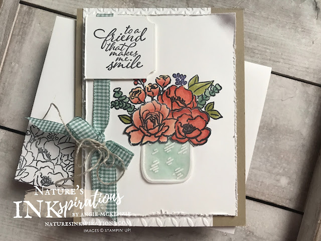 By Angie McKenzie for Ink and Inspiration Blog Hop; Click READ or VISIT to go to my blog for details! Featuring the Jar of Flowers Stamp Set, the Forever Fern Stamp Set, the Tasteful Labels Dies, the Greenery Embossing Folders and the Flowers for Every Season Ribbon Combo Pack which are SNEAK PEEKS from the upcoming 2020-21 Annual Catalog; #jarofflowersstampset #foreverfernstampset #greeneryembossingfolders #tastefullabelsdies #justjadeginghamribbon #flowersforeveryseasonribboncombopack #coloringwithblends #fussycutting  #sneakpeek20202021annualcatalog #20202021annualcatalog #bloghops #inkandinspirationbloghop #stampinup #cardtechniques #naturesinkspirations #stampinupcolorcoordination