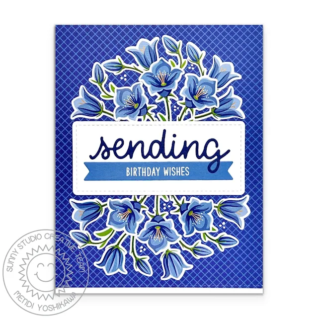 Sunny Studio Sending Birthday Wishes Blue Floral Flowers Card using Beautiful Bluebells Stamps, Gift Card Envelope & Tag Topper Dies