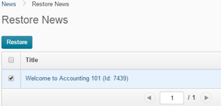 a screenshot of the Restore News page showing a News item that was accidentally deleted