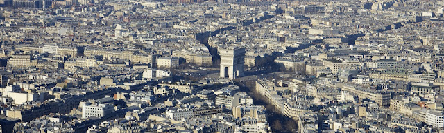 View of the Arc de Triomphe from the Eiffel Tower, Paris, France.