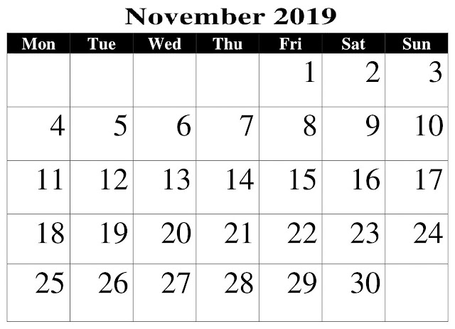  November Calendar 2019 Printable